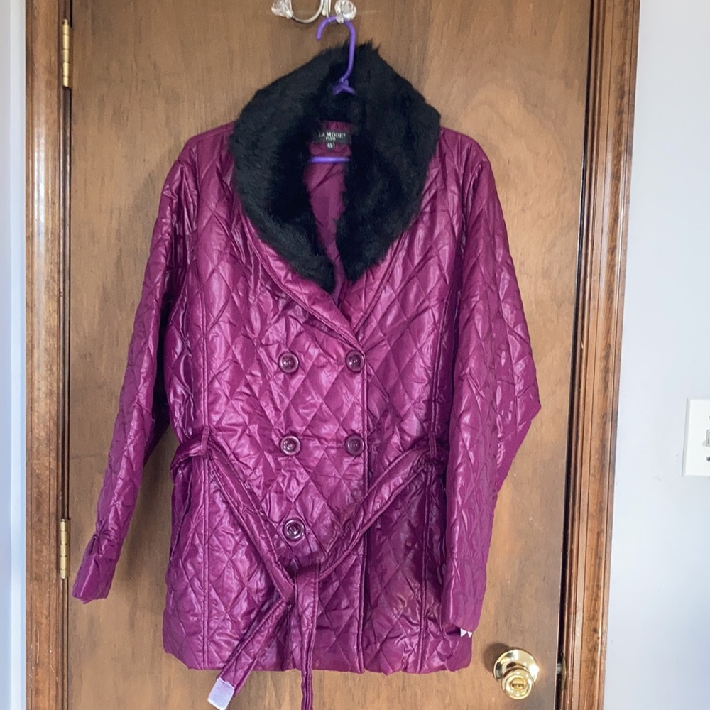 La mode plus size detachable faux fur collar quilted coat w belt 42 - Picture 13 of 17